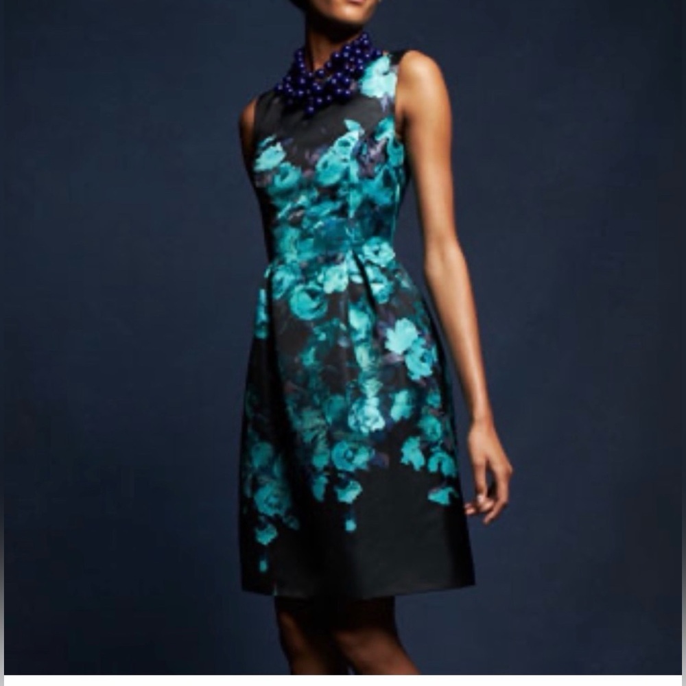 Lela Rose Black and Blue Floral Silk Midi Dress size 12